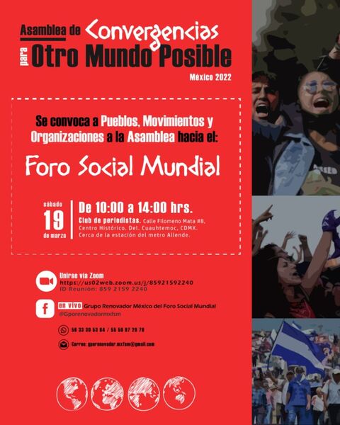 Participants at a World Social Forum gathering holding banners