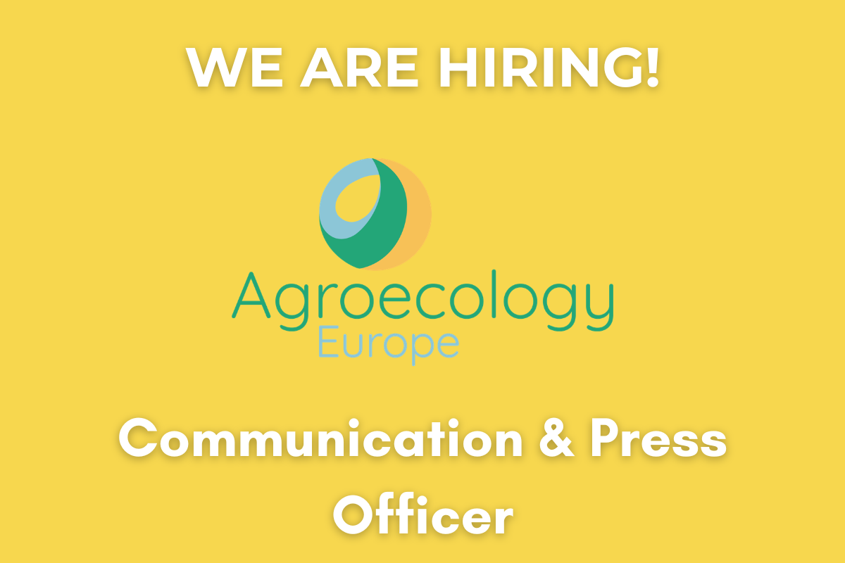 Agroecology Europe logo with blue and green leaf-like circular design on yellow background