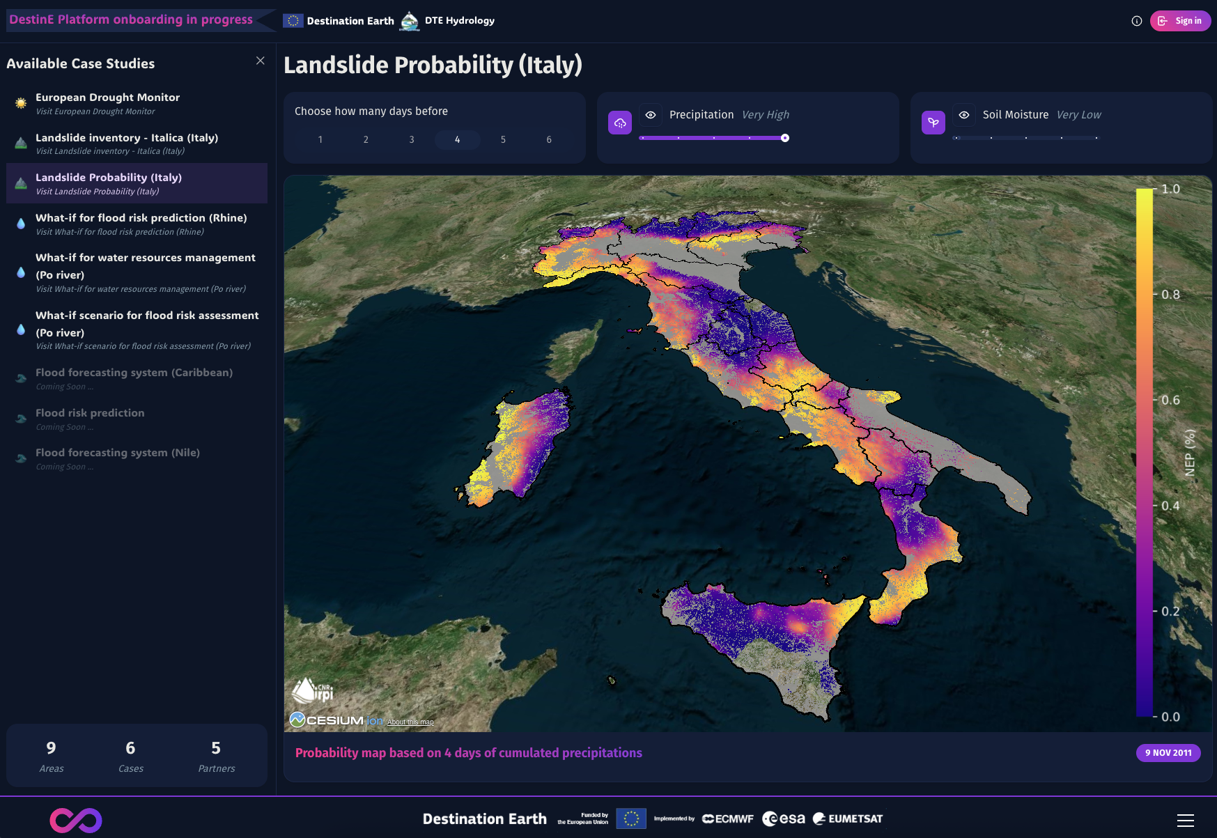 Landslide probability map of Italy showing risk zones in purple and orange based on precipitation data