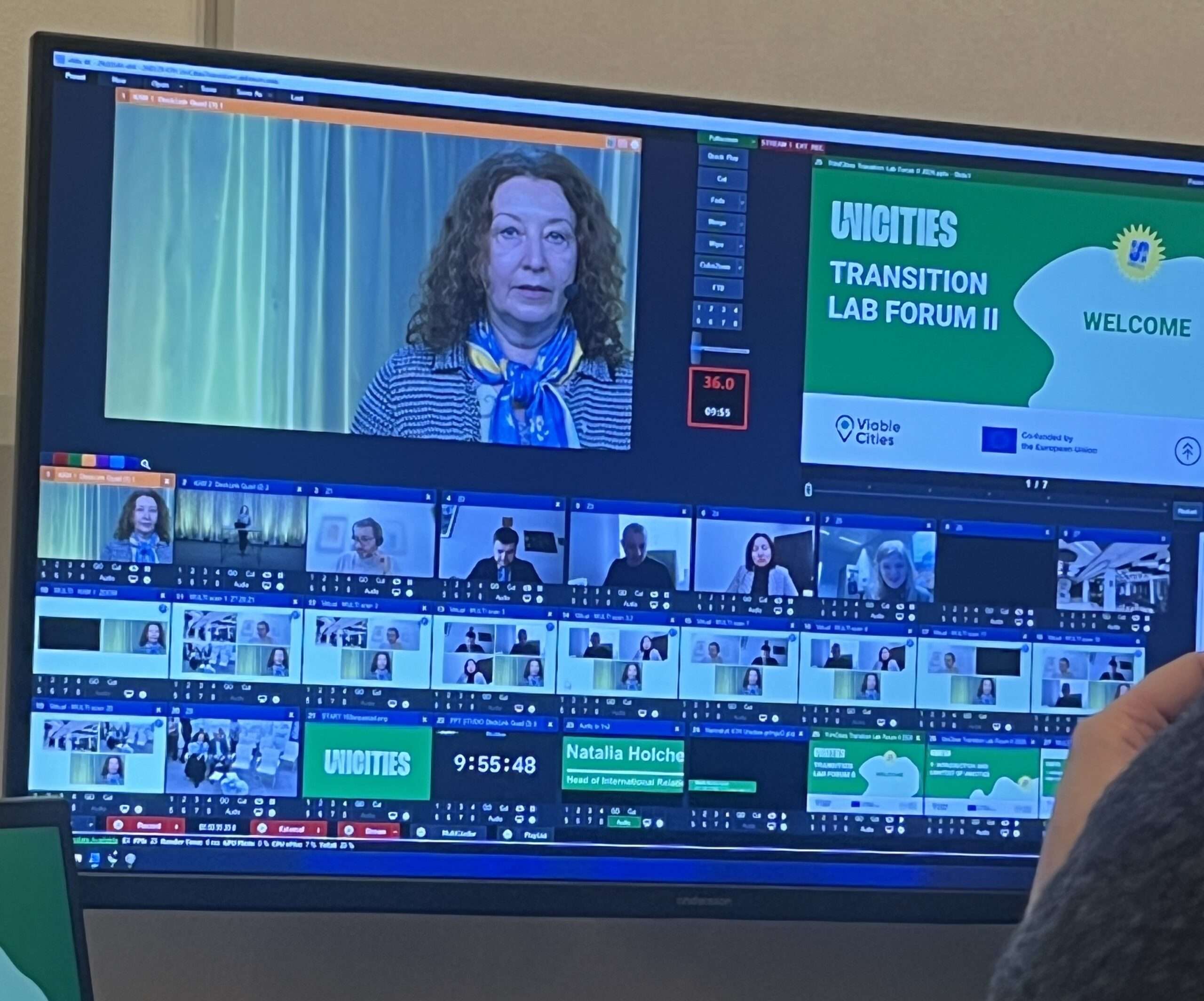 Video conference screen showing UVICITIES Transition Lab Forum II presentation with participants